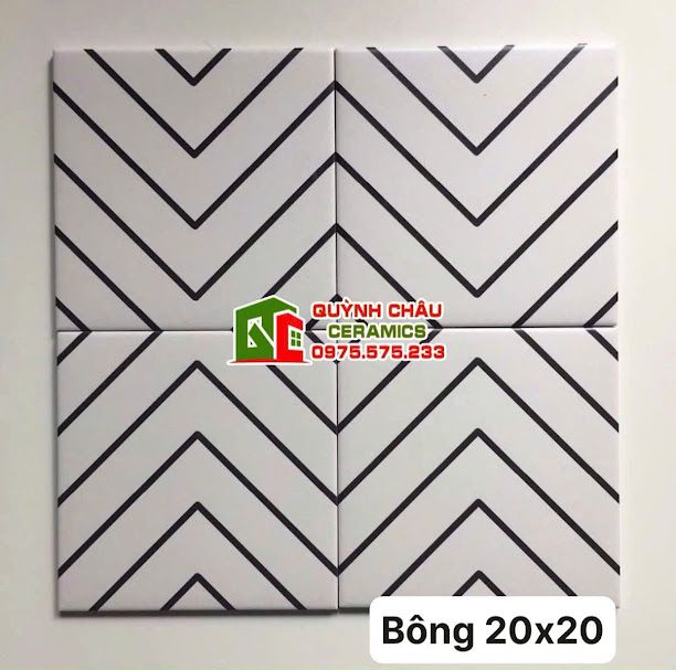 Gạch bông 20x20 nền trắng viền kẻ đen