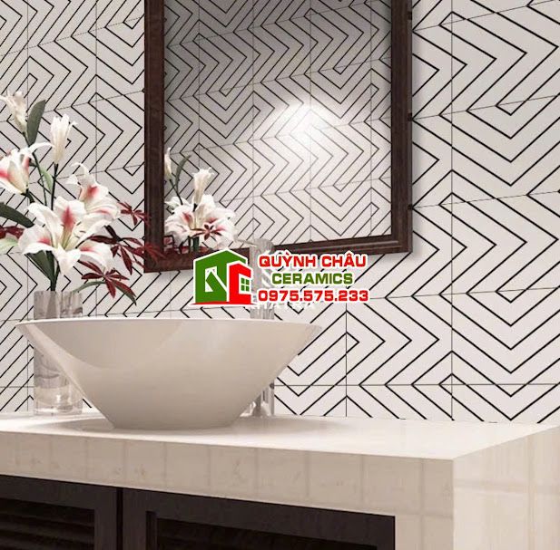 Gạch bông 20x20 nền trắng viền kẻ đen