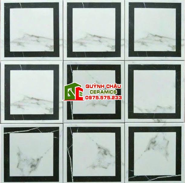 Gạch bông ô vuông trắng xám viền đen 20x20 cm