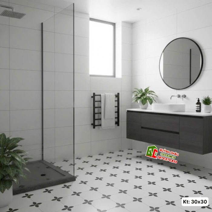 Gạch bông 30x30 màu kem sáng hoạ tiết cánh hoa đen