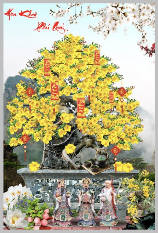 Tranh kính cường lực chậu hoa mai bình an