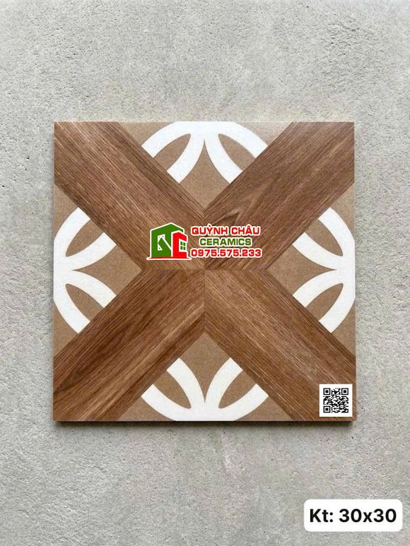 Gạch bông 30x30 hoạ tiết vân gỗ hoa trắng hình tròn đối xứng