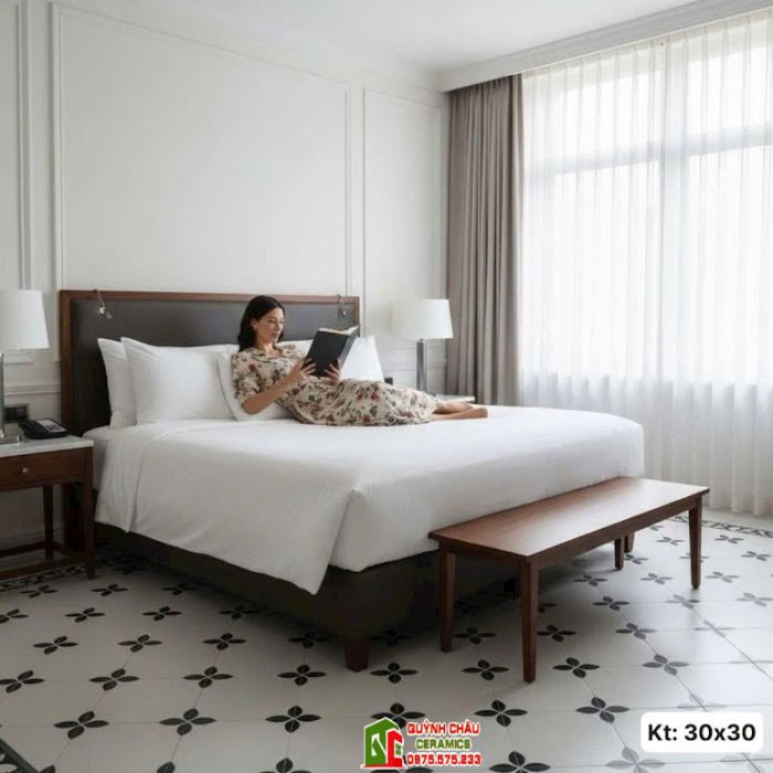 Gạch bông 30x30 màu kem sáng hoạ tiết cánh hoa đen