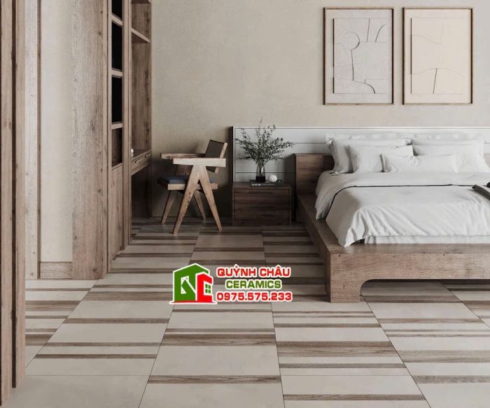 Gạch 60x60 vân gỗ mix màu xám xi măng              