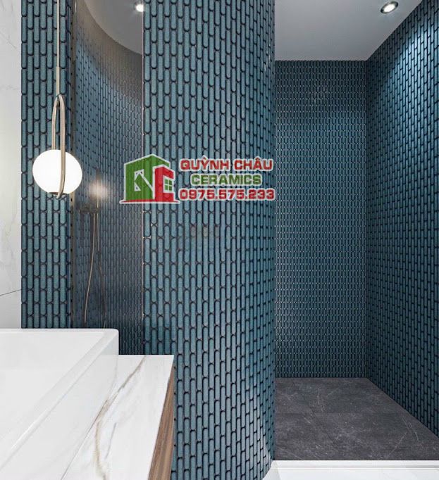Gạch mosaic que đũa đầu tròn màu xanh rêu bóng