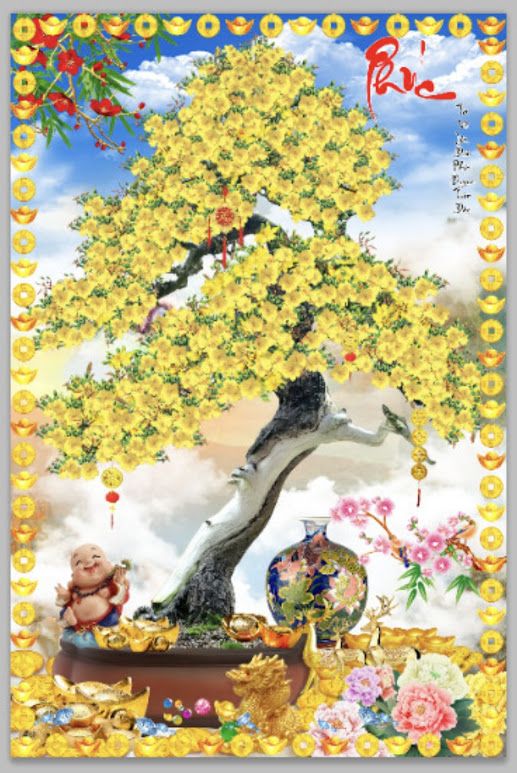 Tranh gạch 3D hoa mai kim tuyến sang trọng