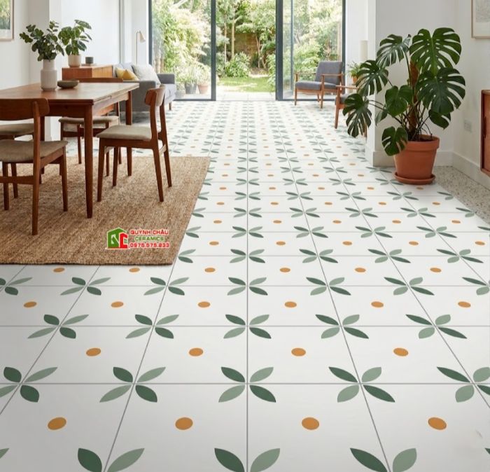 Gạch bông ốp lát 40x40 nền trắng hoa văn xanh vàng hiện đại