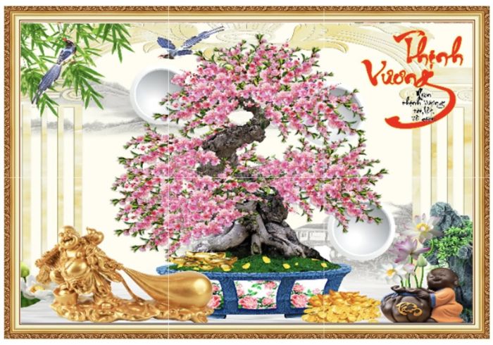 Tranh kính cây hoa đào chữ lộc