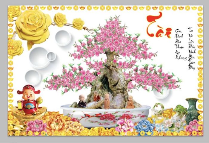 Tranh kính cây hoa đào chữ lộc