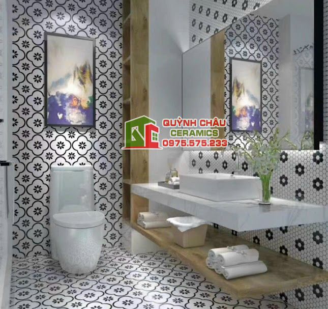 Gạch hoa mai nền trắng cánh đen 20x20 cm