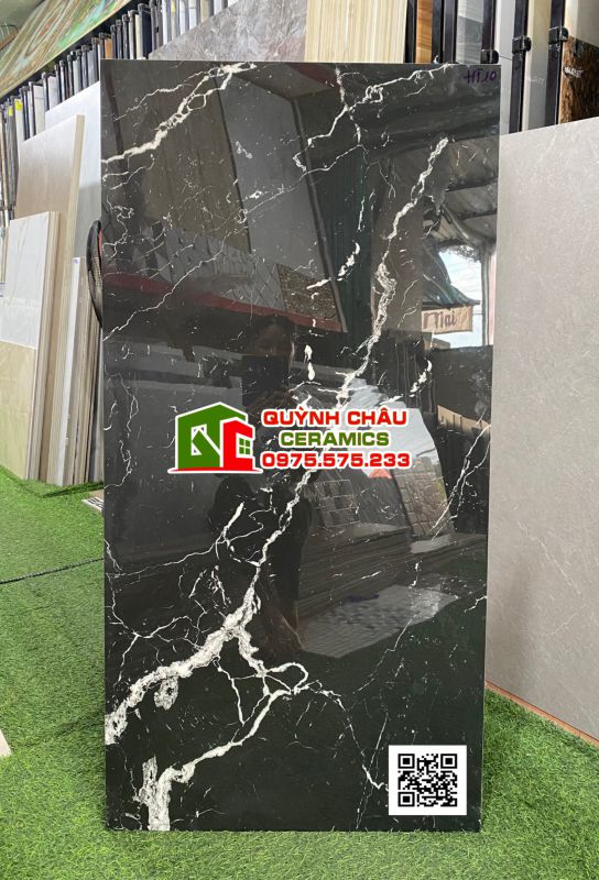 Mẫu gạch ốp lát 60x120 đen vân trắng nổi bật siêu bóng chất lượng cao