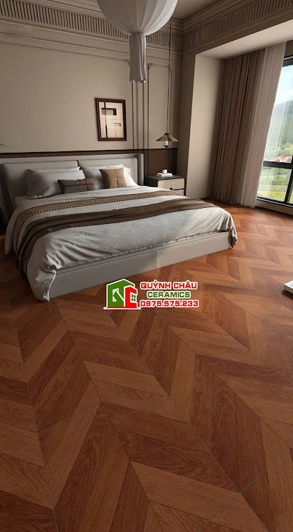 Gạch 60x60 giả gỗ vân xương cá màu nâu đỏ          