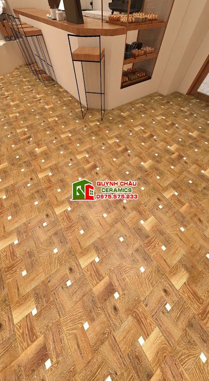 Gạch vân gỗ màu nâu 60x60 hoạ tiết ô vuông        