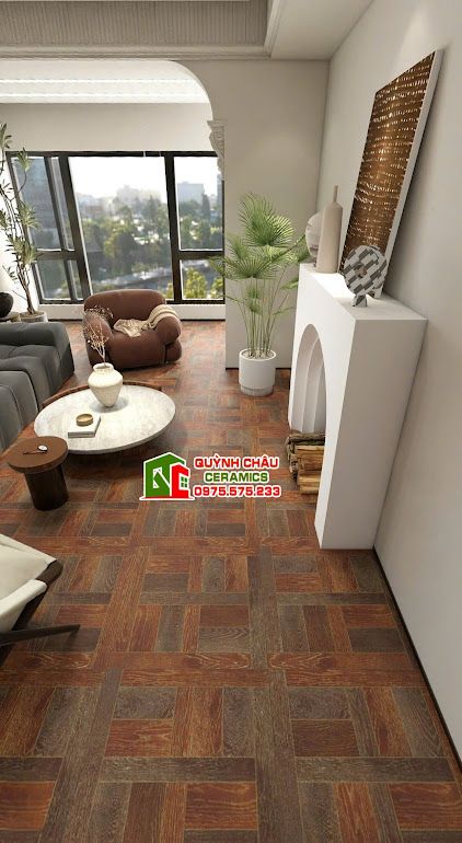 Gạch vân gỗ nâu óc chó 60x60 hoạ tiết ngang dọc        
