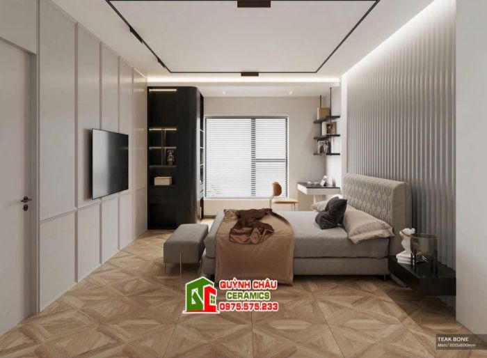 Gạch vân màu gỗ sồi 60x60 3D ghép chéo đối xứng          
