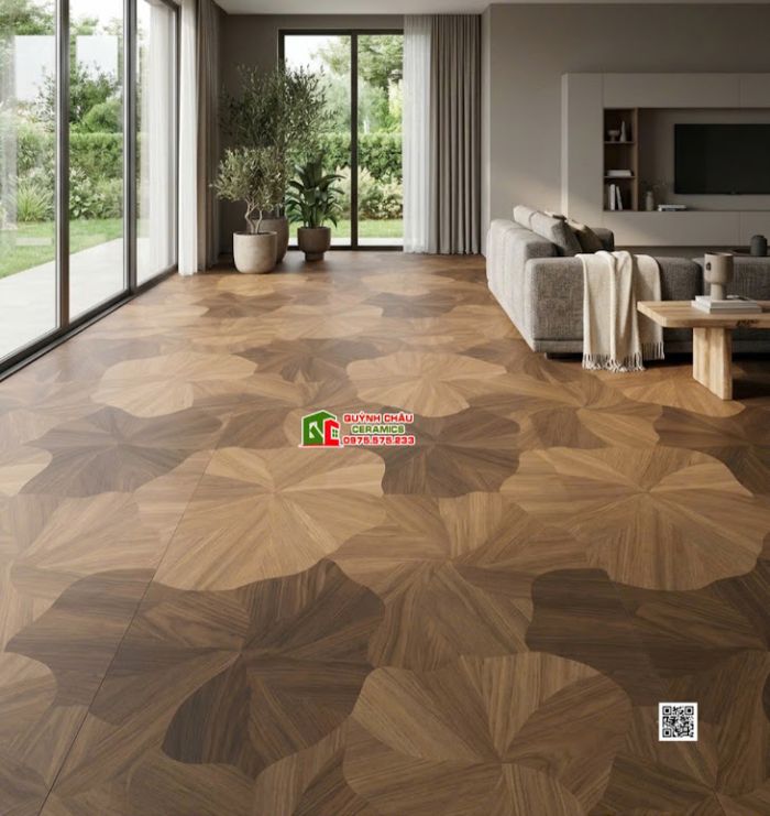 Gạch hoa văn lá sen màu nâu gỗ 60x120cm