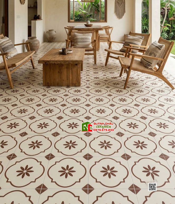 Gạch bông 40x40 màu trắng kem kết hợp họa tiết nâu đất