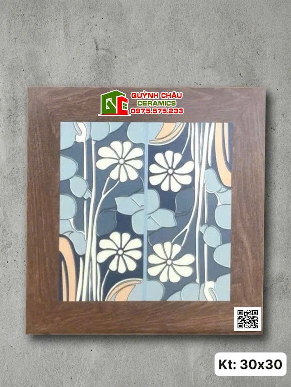 Gạch bông trang trí viền gỗ 30x30 hoạ tiết cúc hoạ mi