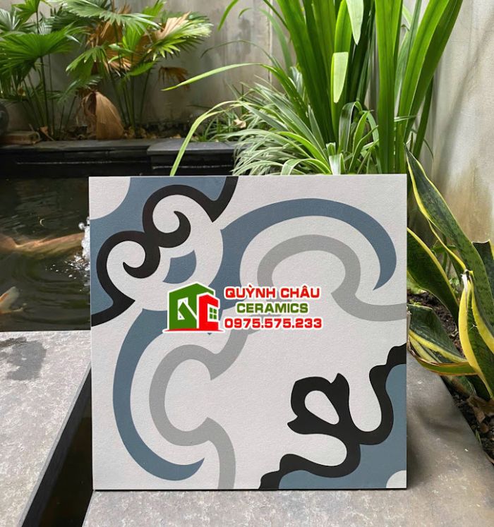  Gạch bông 30x30 nền trắng hoa văn xanh
