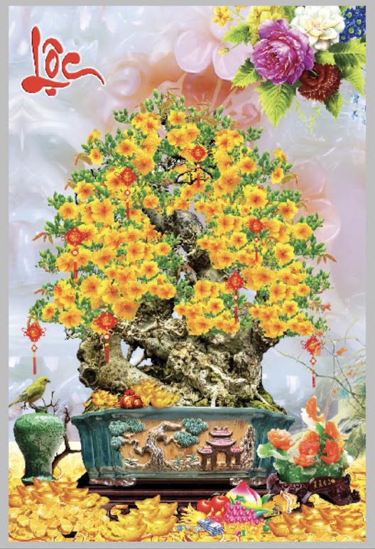 Tranh kính nguyên tấm cây hoa mai
