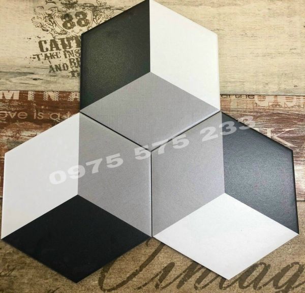 Gạch lục giác đen trắng 200x230 hoa văn 3D 