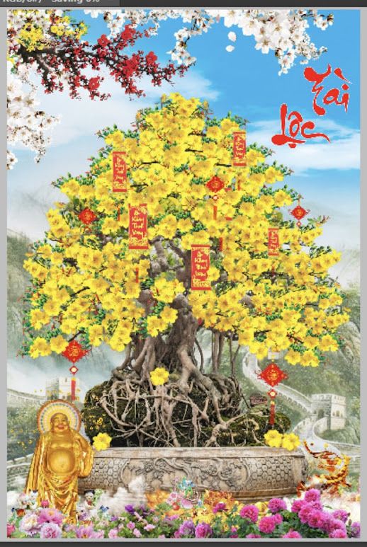 Tranh gạch 3D cây hoa mai chữ đức