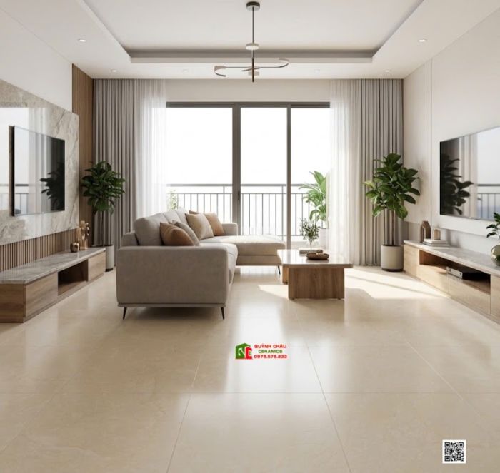 Gạch lát nền Viglacera 80x80 men mờ màu kem vàng nhạt vân ngẫu nhiên