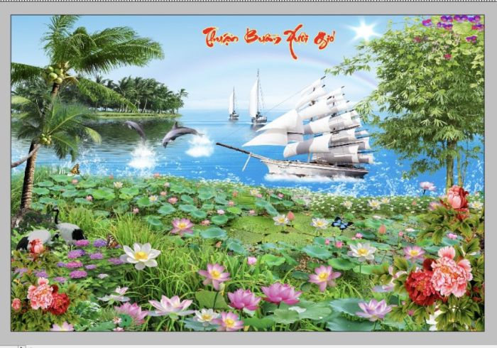 Tranh kính cảnh thuyền buồm phủ kim tuyến