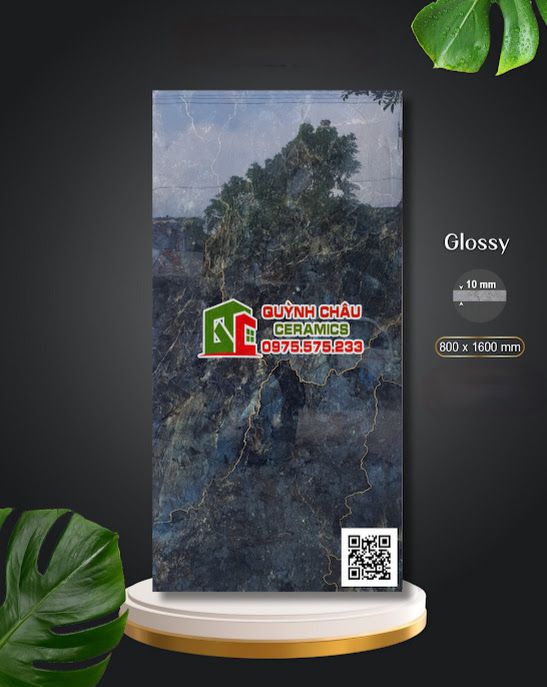 Gạch ốp lát cao cấp 80x160 bóng vi tinh vân đá xanh lục lam vân điểm vàng 5287