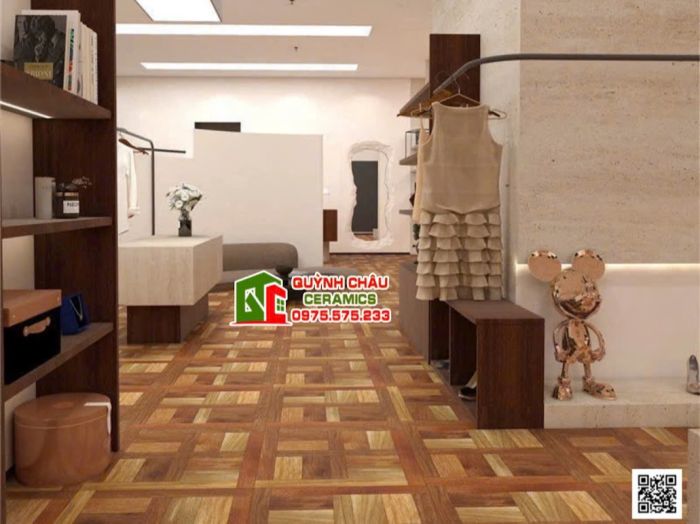 Gạch giả gỗ 60x60 màu nâu hoạ tiết lắp ghép   