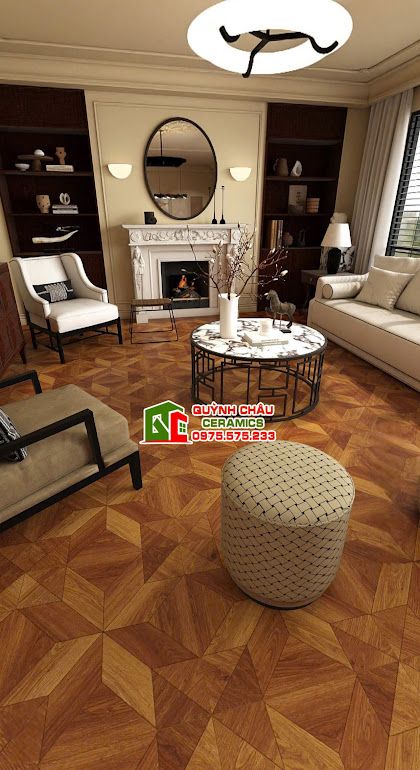 Gạch 60x60 vân gỗ nâu đỏ hoạ tiết 3D đối xứng    