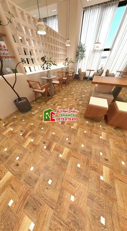 Gạch vân gỗ màu nâu 60x60 hoạ tiết ô vuông        