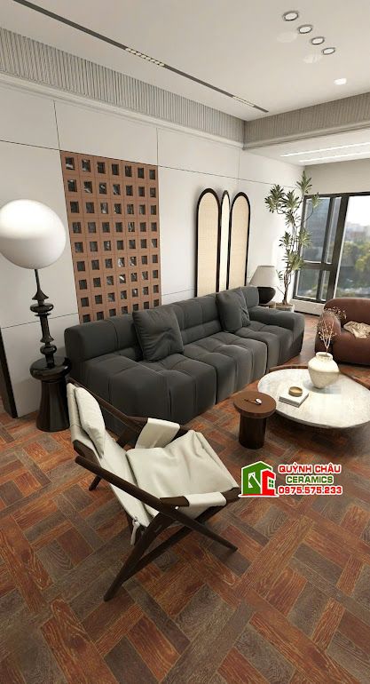 Gạch vân gỗ nâu óc chó 60x60 hoạ tiết ngang dọc        