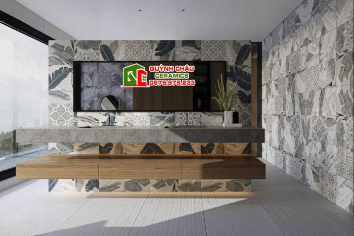 Gạch trang trí 60x60 hoạ tiết lá thiên điểu mix hoa văn               