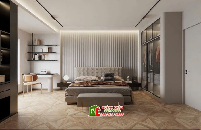 Gạch vân màu gỗ sồi 60x60 3D ghép chéo đối xứng          