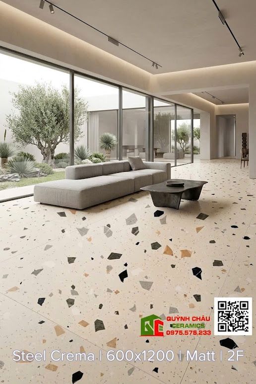 Gạch Terrazzo 60x120 mờ màu kem vân đá hạt to