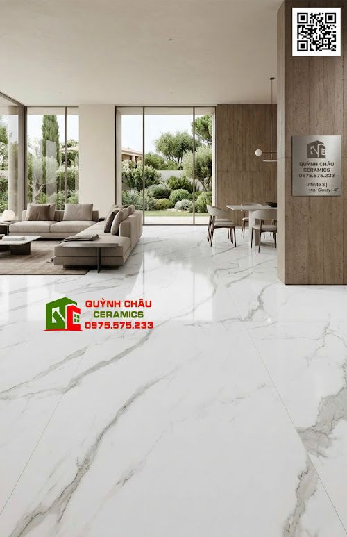 Gạch lát nền 80x160 bóng kiếng màu trắng vân đá Marble