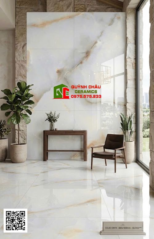 Gạch ốp lát 80x160 vân đá Onyx kem vàng nâu nhạt xám khói
