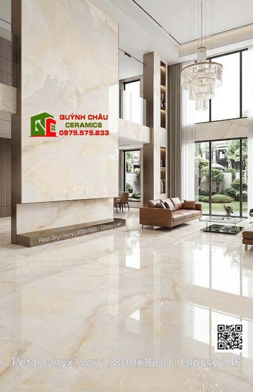 Gạch ấn độ 80x160 vàng kem nhạt vân đá Onyx bóng kiếng