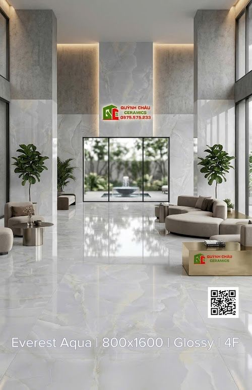 Gạch ấn độ 80x160 trắng kem vân đá xanh nhạt bóng kiếng