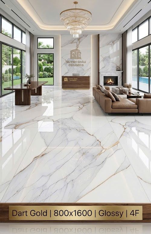 Gạch lát nền 80x160 trắng vân đá hoạ tiết chỉ vàng sang trọng