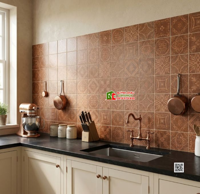 Gạch bông 40x40 họa tiết cổ điển hoa văn màu đỏ nâu