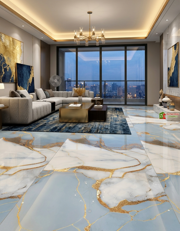 Gạch ấn độ 60x120 vân đá marble xanh trắng ánh kim