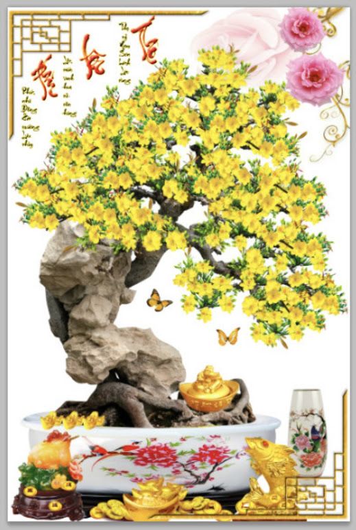 Tranh kính cây hoa mai kim tuyến định hình