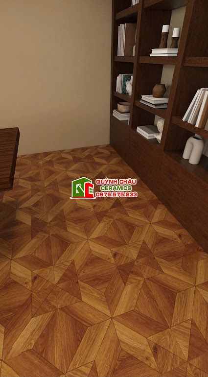 Gạch 60x60 vân gỗ nâu đỏ hoạ tiết 3D đối xứng    