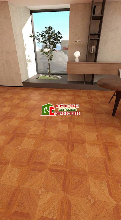 Gạch 60x60 vân gỗ nâu đỏ hoạ tiết chạm khắc hoa văn           