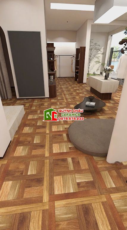 Gạch giả gỗ 60x60 màu nâu hoạ tiết lắp ghép   