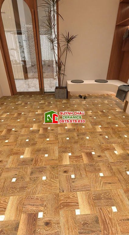 Gạch vân gỗ màu nâu 60x60 hoạ tiết ô vuông        
