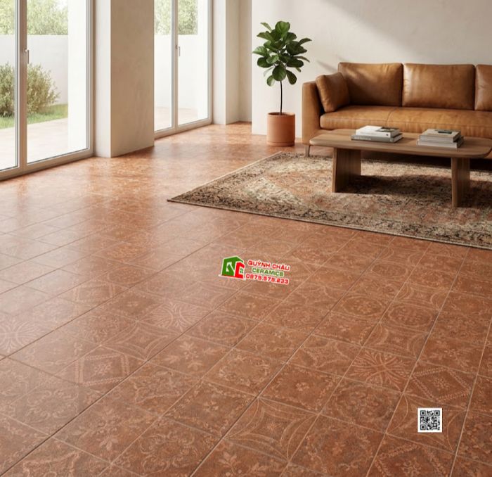 Gạch bông 40x40 họa tiết cổ điển hoa văn màu đỏ nâu
