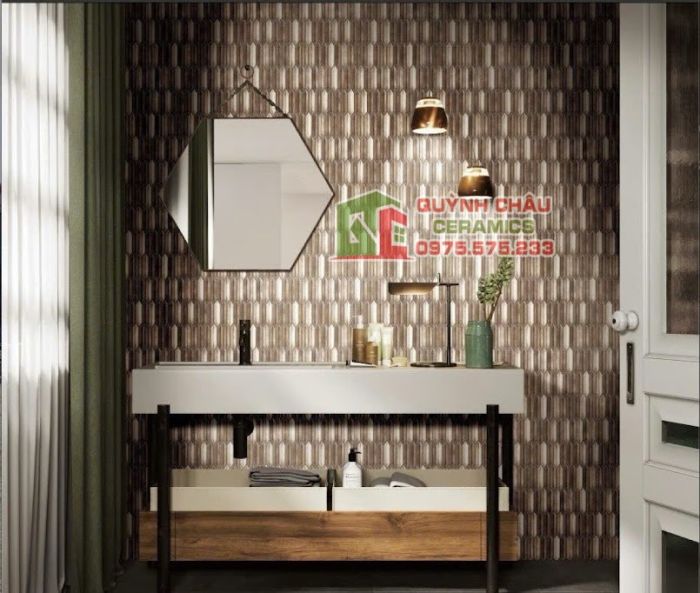 Gạch mosaic que diêm màu vàng cát hiệu ứng